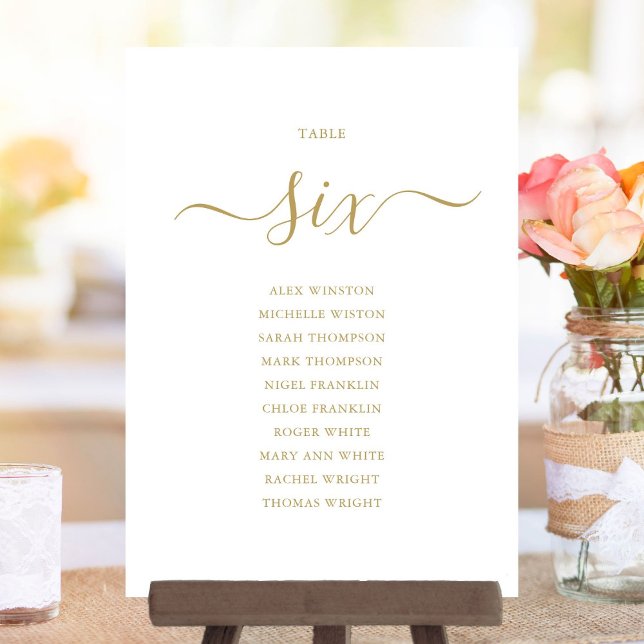 Convite Gráfico de Assentos Número 6 em Script de Ouro Ele (Elegant Gold Script Table Number 6 Seating Chart)