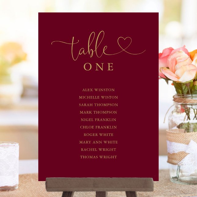 Convite Gráfico de Assentos Número da Mesa Burgundy e Dour (Burgundy And Gold Table Number Seating Chart)