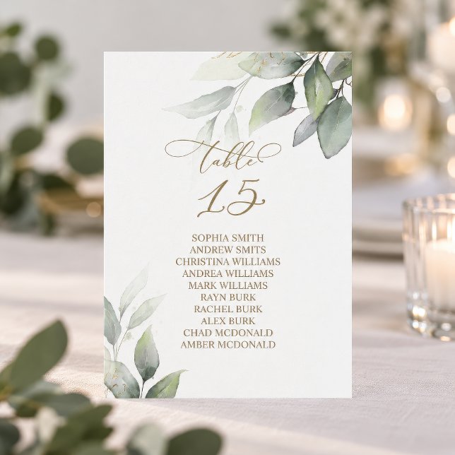 Convite Gráfico de Assentos Número da Mesa com Verde de Eu (Eucalyptus Greenery Wedding Table Number Card, Table 15 with guest names, gold script)