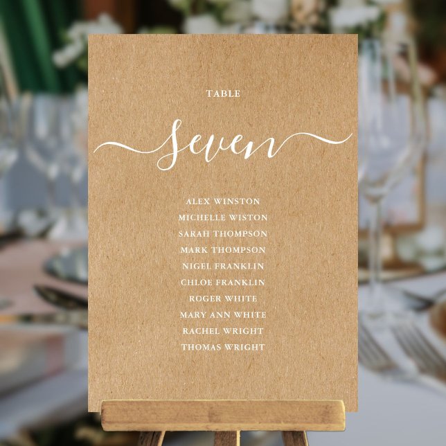 Convite Gráfico de Assentos Número da Mesa em Letra de Kra (Rustic Kraft Script Table Number Seating Chart)