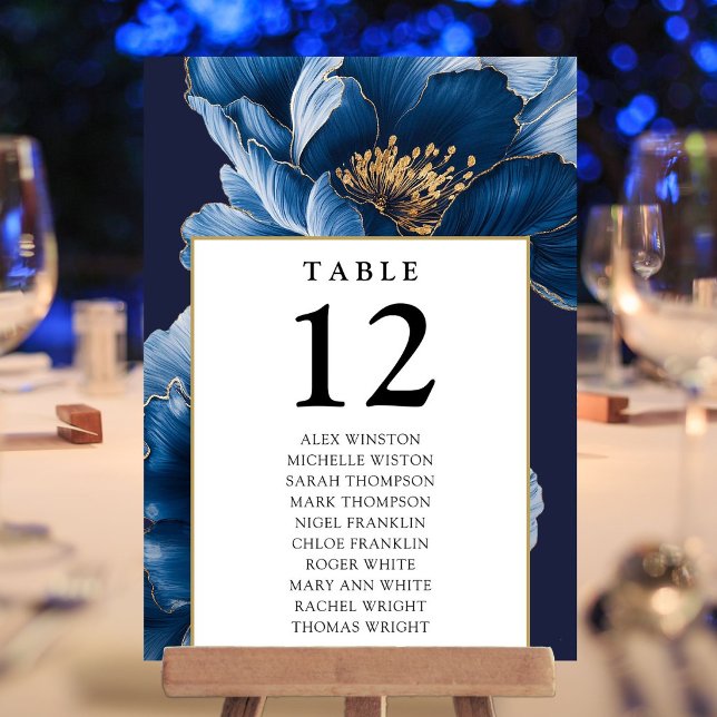 Convite Gráfico de Assentos Número da Mesa Floral Azul Dou (Navy Blue Gold Floral Table Number Seating Chart)
