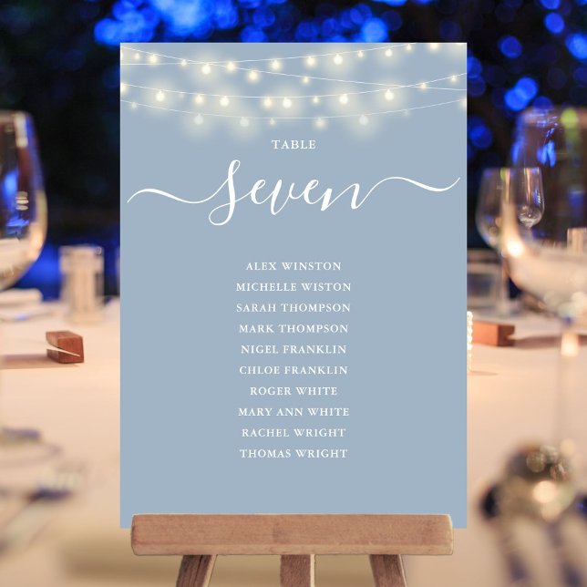 Convite Gráfico de Assentos Número da Mesa Luz de Corda Az (Dusty Blue String Light Table Number Seating Chart)