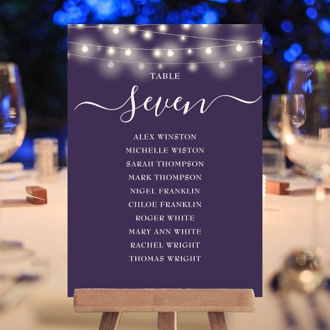 Convite Gráfico de Assentos Número da Mesa Luzes de Corda  (Purple String Lights Table Number Seating Chart)
