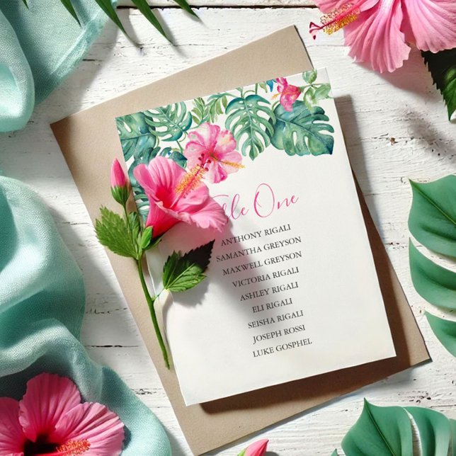 Convite Gráfico de Casamento Tropical, Plano de Mesas (Destination weddings seating chart card tropical pink hibiscus flowers art by Victoria Grigaliunas)
