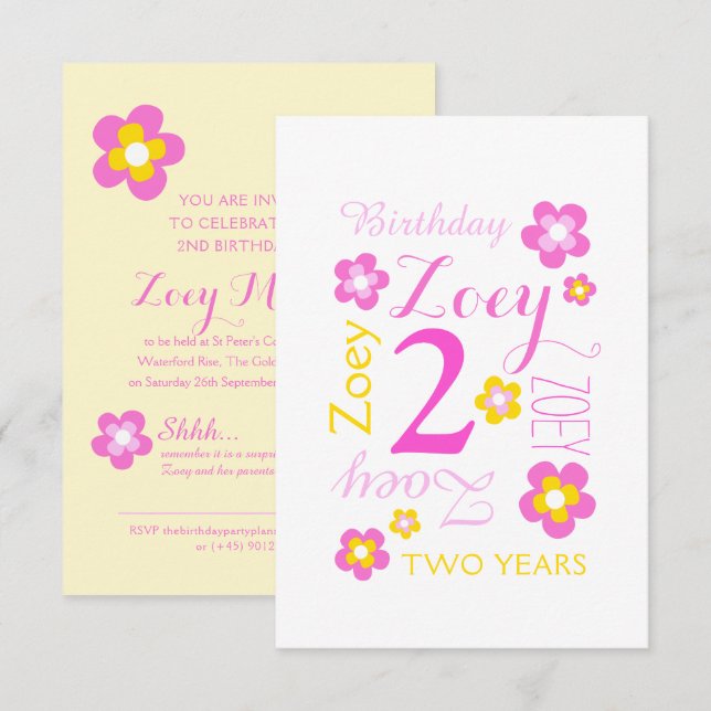 Convite gráfico de flores de 2º aniversário amarelo rosa s (Frente/Verso)