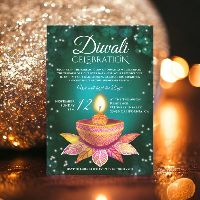 Convite Gráfico de ilustração verde Diwali Lamps (Green teal Diwali Lamps light illustration script Invitation)
