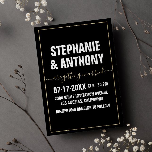 Convite Gráfico de letras negrito dourado branco preto (Black white gold bold script typography wedding)