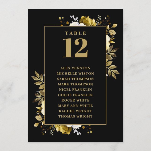 Convite Gráfico de Nomes para Mesa Floral Preto e Dourado (Frente)