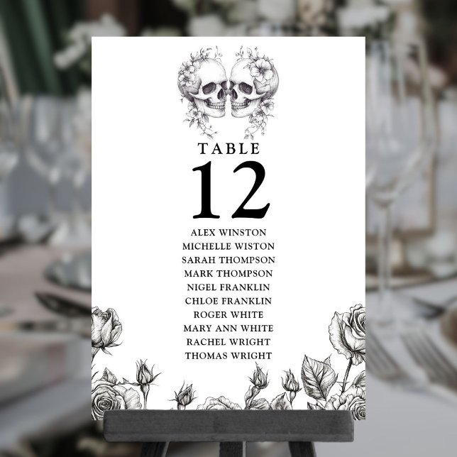 Convite Gráfico de Número de Sentados da Tabela de Crânios (Gothic Floral Skulls Table Number Seating Chart)