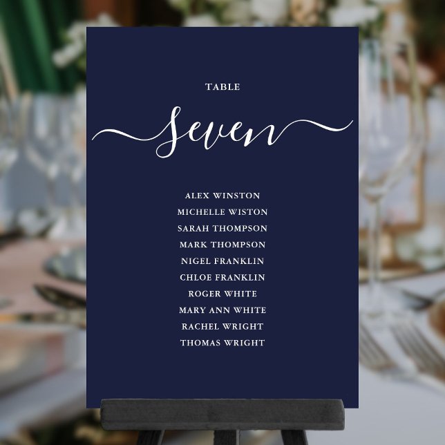 Convite Gráfico de Número de Sentados da Tabela de Script  (Navy Blue Chic Script Table Number Seating Chart)