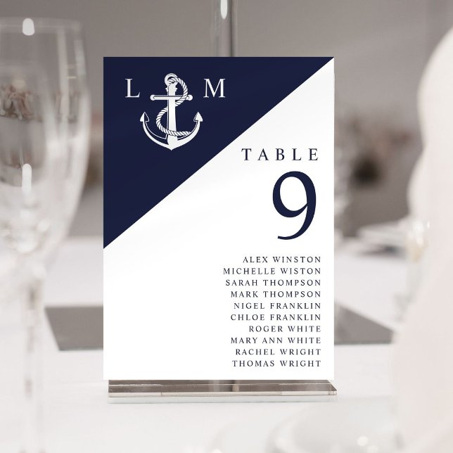 Convite Gráfico de Número de Sentados da Tabela Monográfic (Navy Nautical Monogram Table Number Seating Chart)