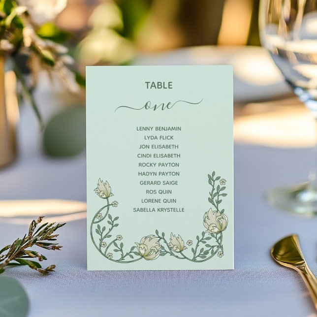 Convite Gráfico de Número de Sentados das flores verdes (Art deco flowers wedding reception botanical green and cream Table Number Seating Chart)