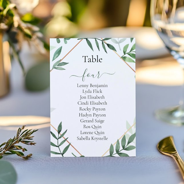 Convite Gráfico de Número de Sentados das Folhas Verdes bo (Pretty green leaves, geometric border wedding reception party table number, seating chart)