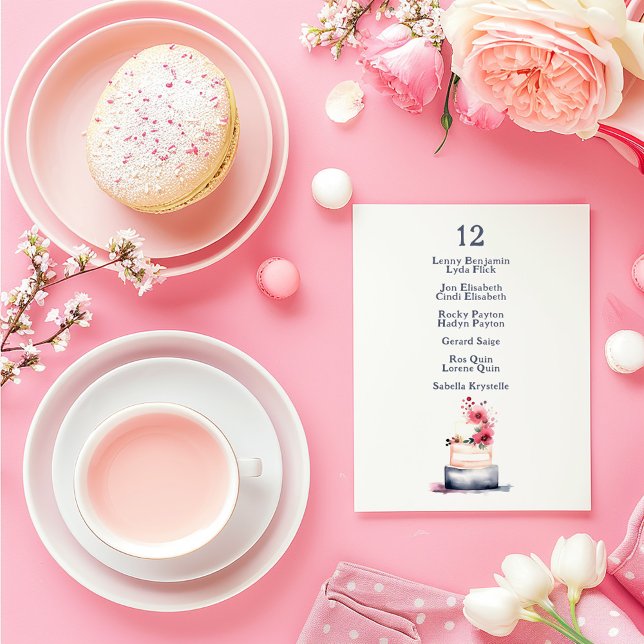 Convite Gráfico de Número de Sentados do bolo de casamento (Wedding table number card with watercolor floral cake and elegant guest list.)