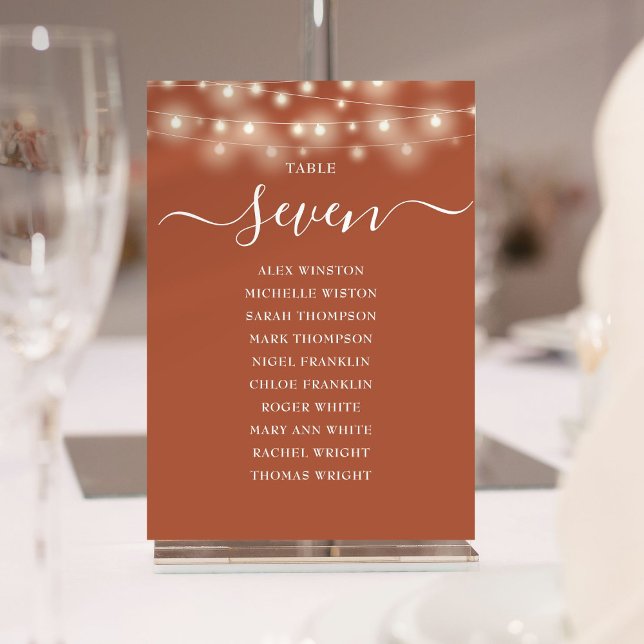 Convite Gráfico de Número Sentado da Tabela Leve de String (Terracotta String Light Table Number Seating Chart)