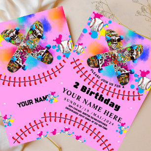 Convite Grafite de skate de beisebol colorido festa rosa