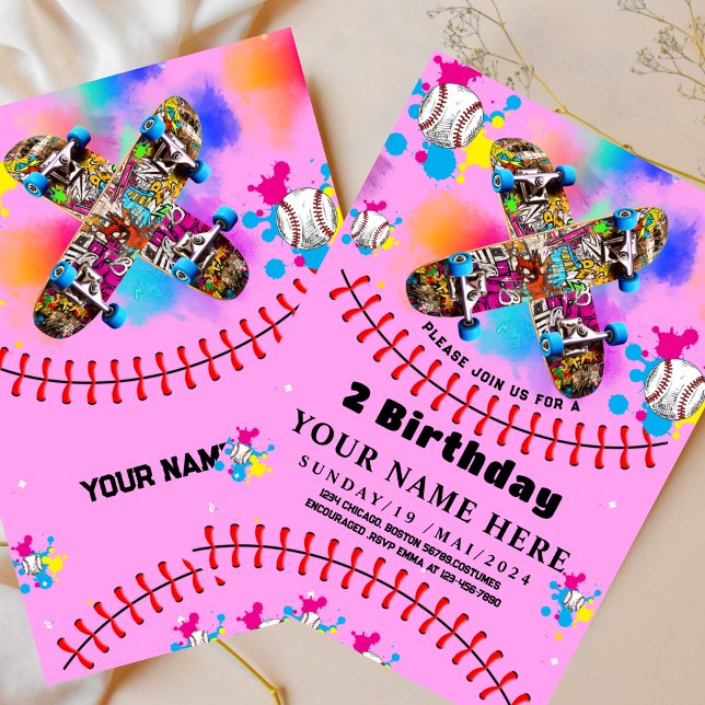 Convite Grafite de skate de beisebol cor de rosa (Criador carregado)