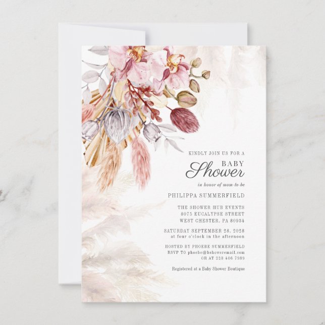 Convite Grama das Pampas Boho Floral Seca Bege Chá de Bebê (Frente)