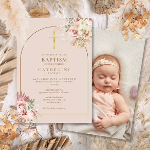 Convite Grama das Pampas Dourada Foto Batismo Batizado 