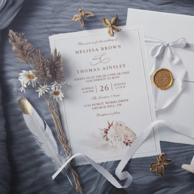 Convite Grama das Pampas Elegante Casamento Código QR Maci (Criador carregado)