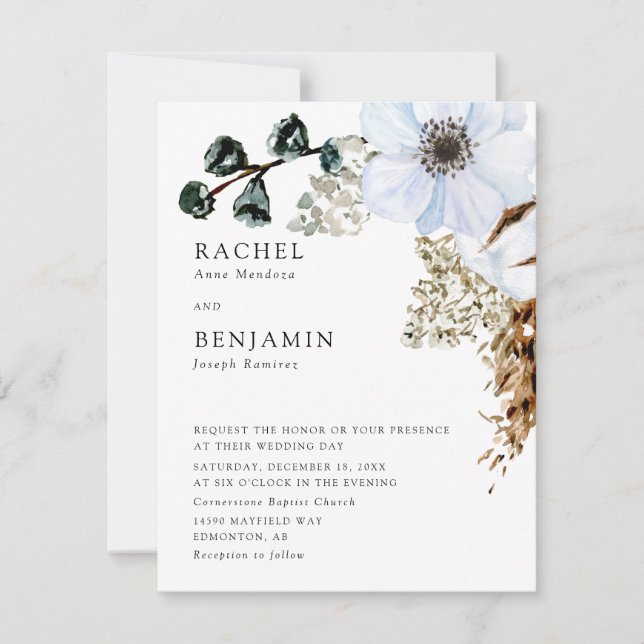 Convite Grama das Pampas Elegante Casamento Floral Boho  (Frente)