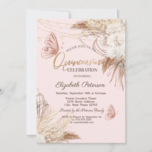 Convite Grama das Pampas Flores Boho Borboletas Quinceañer (Frente)