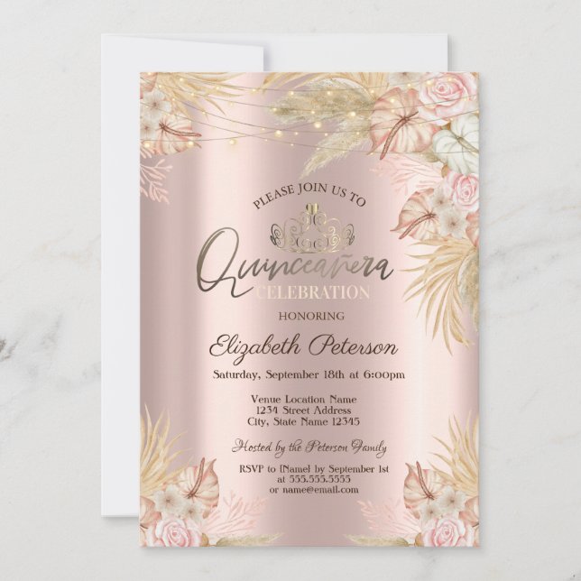 Convite Grama das Pampas Flores Boho Quinze Anos (Frente)