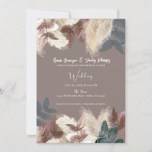 Convite Grama das Pampas & Folhas Terroso Casamento Boêmio