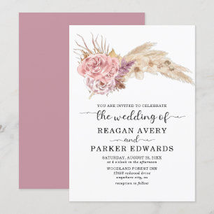 Convite Grama das Pampas Rosa e Roxo Floral Seco Casamento