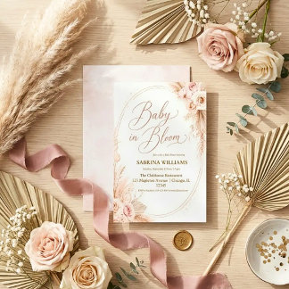 Convite Grama das pampas rústico boho bebê em flor chá de