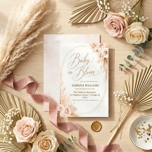 Convite Grama das pampas rústico boho bebê em flor chá de  (Criador carregado)