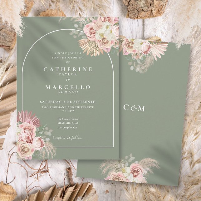 Convite Grama de Pampas Verde Sage Boho Arco Floral  (Sage Green Pampas Grass Boho Arch Floral Invitation)