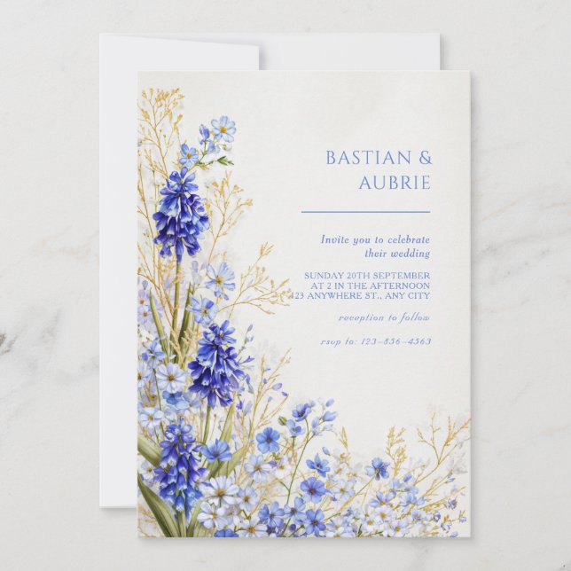 Convite Grama Dourada Azul Muscari Spray Botânico Casament (Frente)