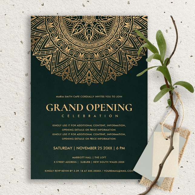Convite GRAND OPENING CLÁSSICO MANDALA ORNATO Dourado Verd (Criador carregado)