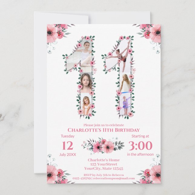 Convite Grande 11 Birthday Rapariga Fotografia Collage Flo (Frente)