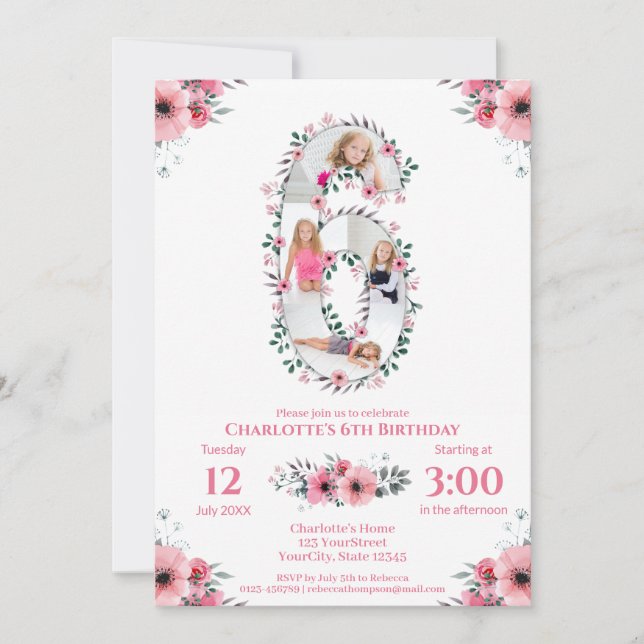 Convite Grande 6 Birthday Rapariga Fotografia Collage Flor (Frente)