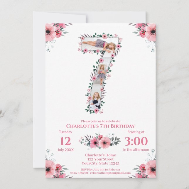Convite Grande 7 Birthday Rapariga Fotografia Collage Flor (Frente)