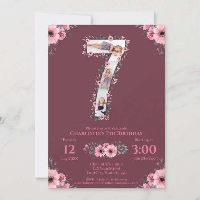 Convite Grande 7 Birthday Rapariga Fotografia Collage Flor (Frente)