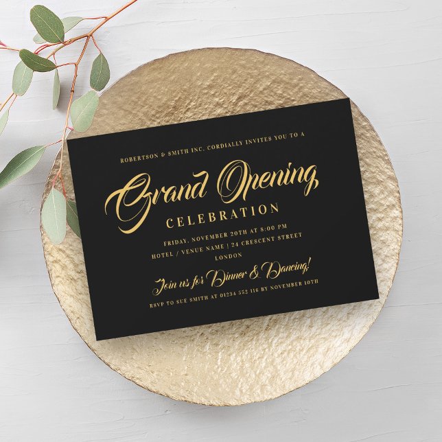 Convite Grande Abertura Corporativa Dourada Formal Preto (Formal Gold Corporate Grand Opening Black Invitation)