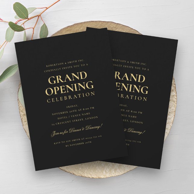 Convite Grande Abertura Corporativa Formal Preto e Dourado (Formal Corporate Grand Opening Black & Gold Invitation)