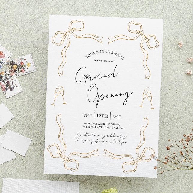 Convite Grande Abertura da Empresa Desenhou Moderno Único (Create unique invitations for your grand opening with this hand drawn bow company invite design)