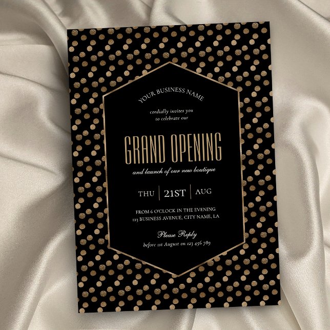 Convite Grande Abertura da Empresa - Largura Chic Black &  (Black and gold glitter business invitation with elegant fonts, minimal layout and faux gold effects)