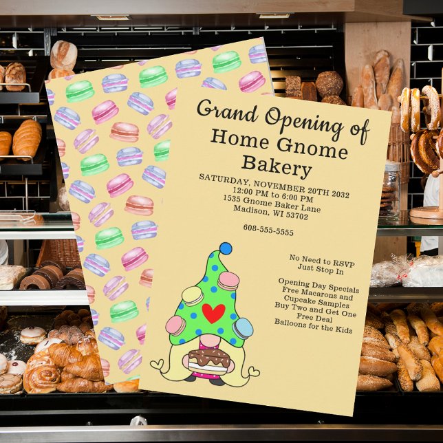 Convite Grande Abertura da padaria Gnomo-pastelaria (Grand Opening Gnome Bakery Pastry Cakes Treats Invitation, business, company, baker, open house,)
