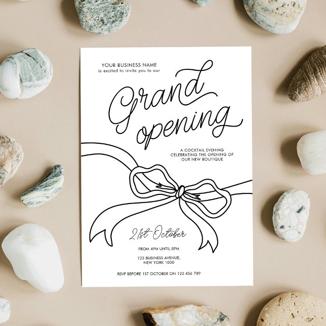 Convite Grande Abertura de Negócios Desenhados à Mão (Hand drawn ribbon modern Business Grand Opening Invitation design in black and white)