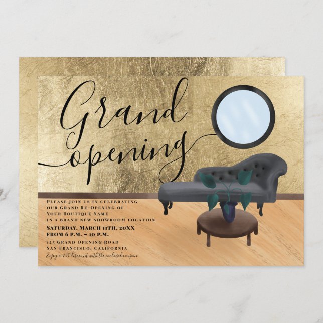 Convite Grande abertura do salão de beleza de cena de ouro (Frente/Verso)