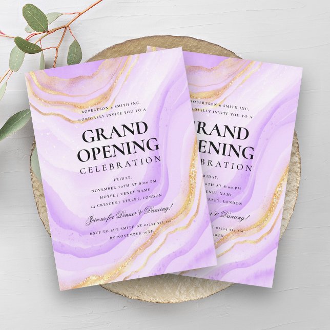 Convite Grande Abertura Formal Lâmpada Dourada Roxa (Formal Grand Opening Purple Gold Marble Glitter Invitation)