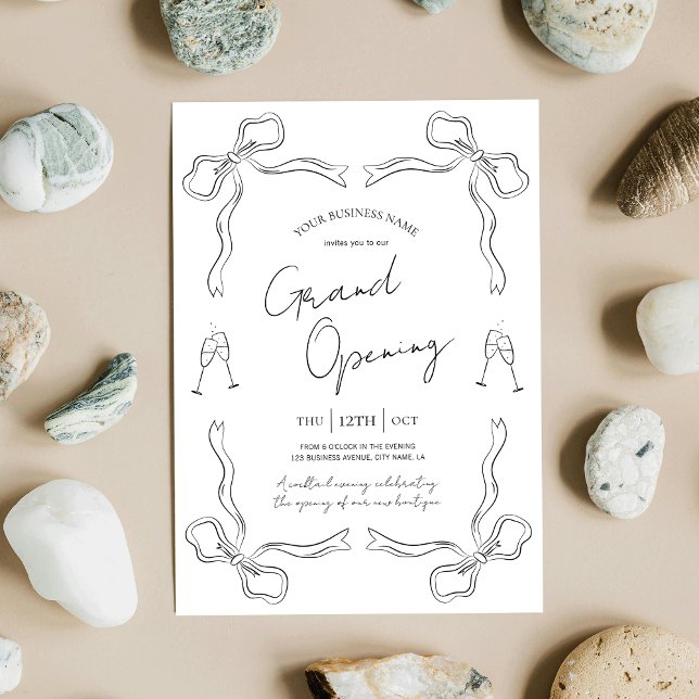 Convite Grande Abertura - Negros e Brancos Desenhados (Elegant hand drawn whimsical business grand opening event invitations in black and white)