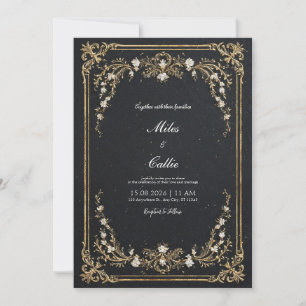 Convite Grande Casamento Floral Negro e Dourado
