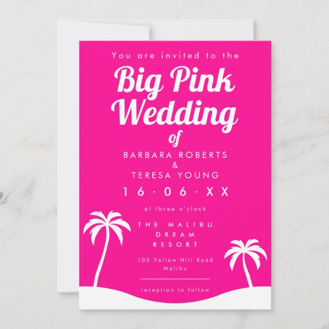 Convite Grande Casamento Rosa Barbiecore Trendy Palm Tree  (Frente)