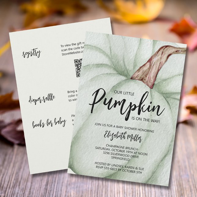 Convite Grande Chá de fraldas verde de abóbora tudo em um  (Green pumpkin baby shower all in one invitations,  registry, diaper raffle & books for baby on back)